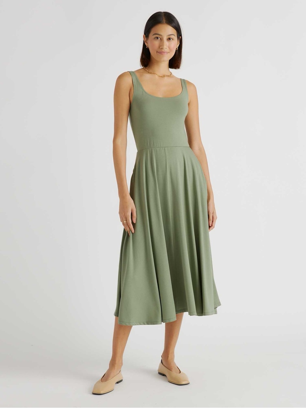 Quince Tencel Jersey Fit & Flare Dress in Sage Green
